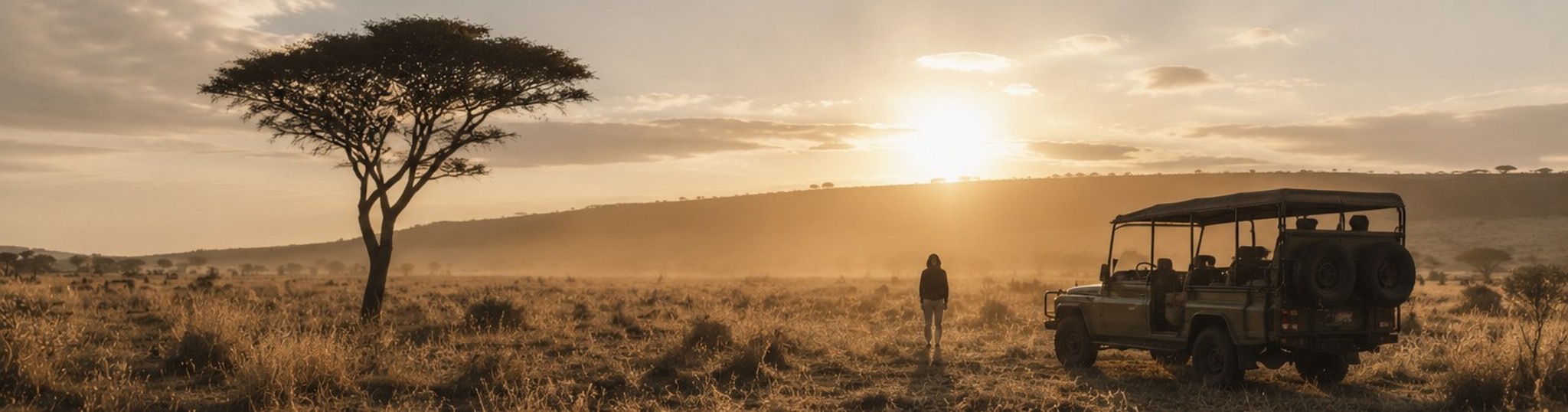 Wide golden-hour grassland with a single acacia tree and a safari vehicle.
