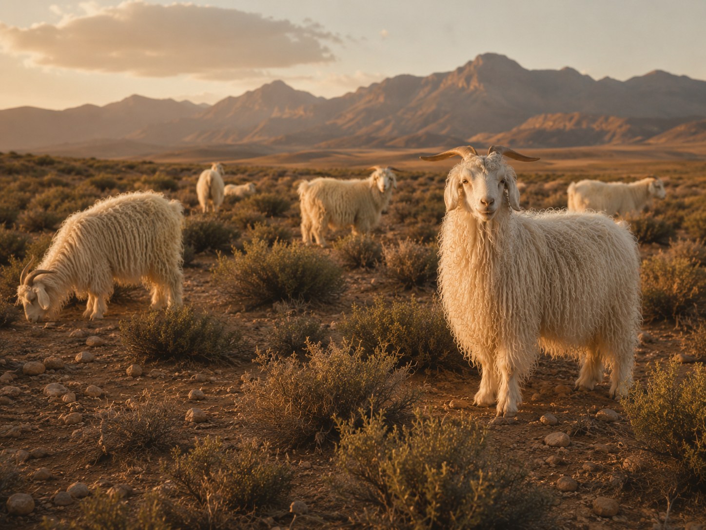 Angora goats grazing at golden hour with mountains in the background, the source of Hush and Hide's mohair.