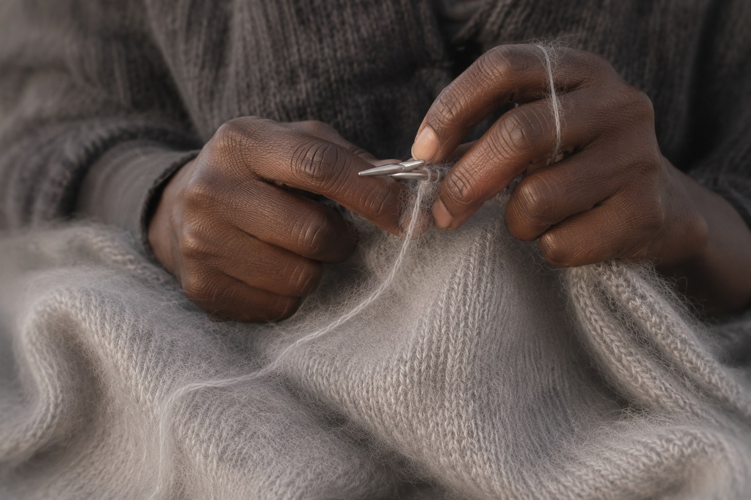 Skilled hands hand-knitting a Shelter Hood in soft grey mohair.