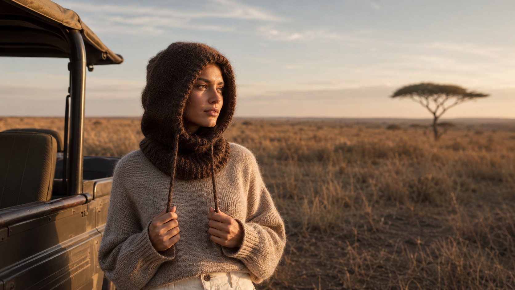 Woman wearing the Hush and Hide Shelter Hood in Walnut, looking into the distance in golden-hour grassland.