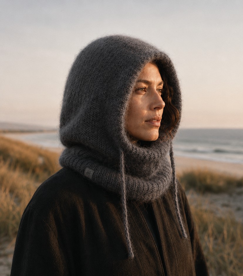 The Shelter Hood worn up at the coast.