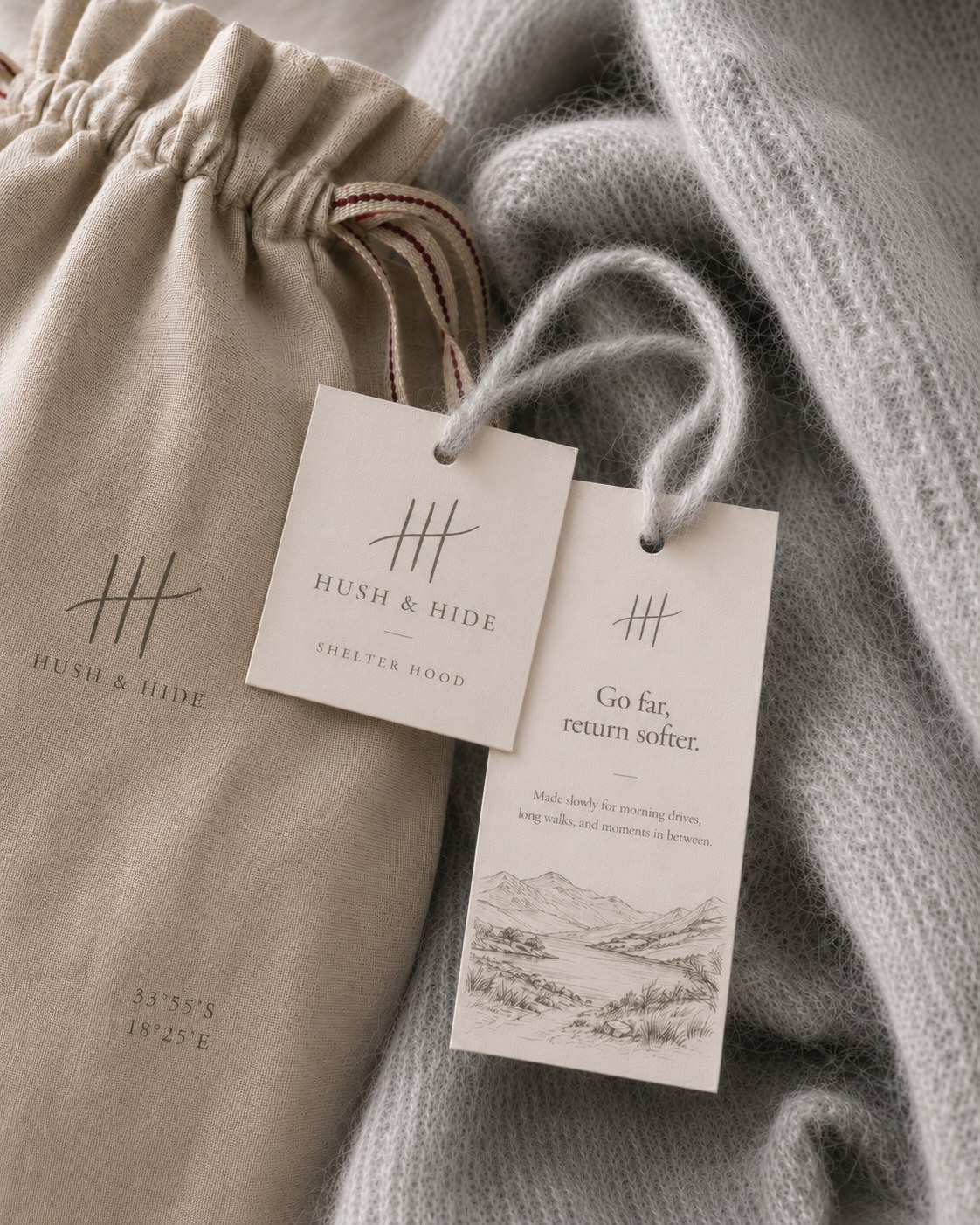 Hush and Hide dust bag with Shelter Hood woven label and Go far, return softer poetry card, resting against the mohair hood.